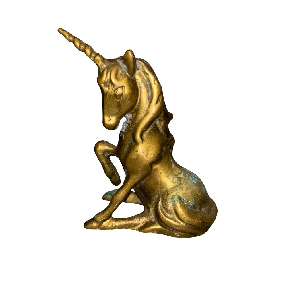Vintage Solid Brass Unicorn Figurine Mythical Statue Patina Gold 5"